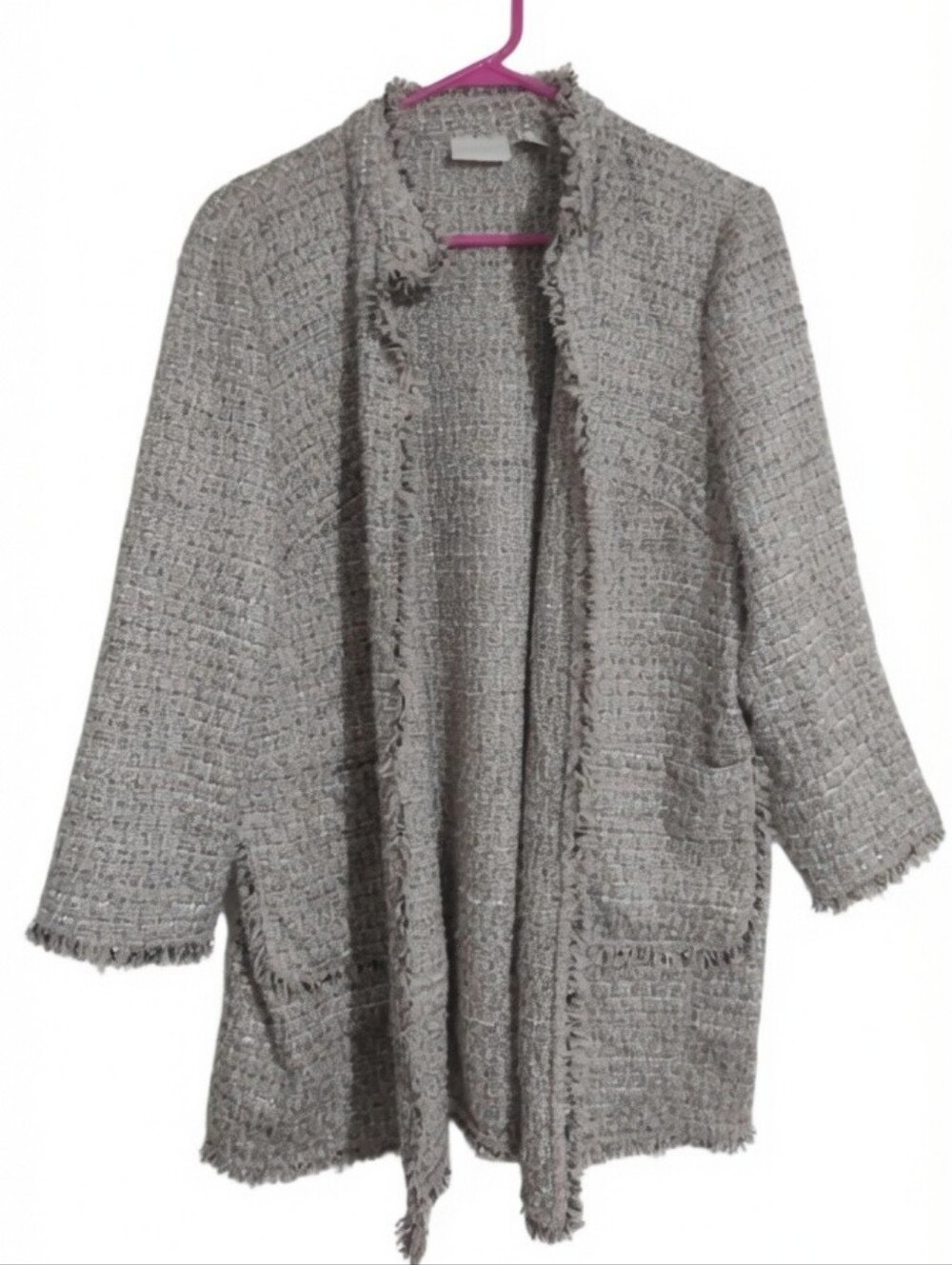 Chico's  3/XL Open Front Jacket Woven Metallic Plaid Tweed Coat Frayed Trim Pkts